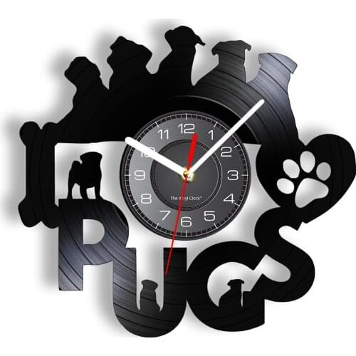 Pug Wall Clock with LED Backlight Dog Breeds Watch Made Of Real Vinyl Record Pet Shop Time Puppy Paw Kid Room Nursery Lamp