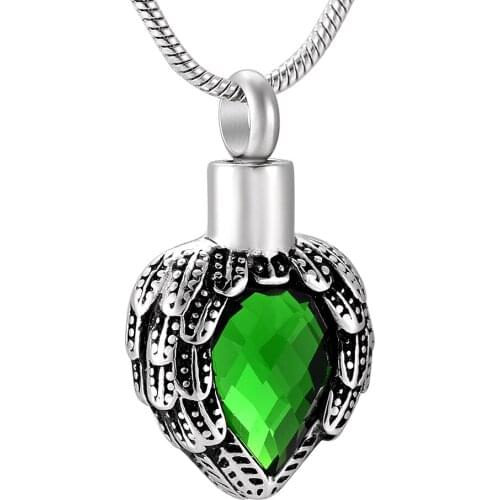 Green Crystal Heart Wings Cremation Urn Necklace Memorial Ash Keepsake Stainless Steel Pendant with Free Funnel