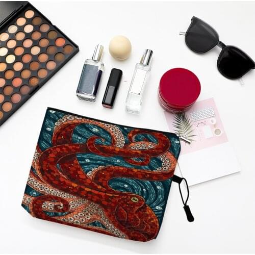 Portable Cosmetic Make Up Bag Case Vintage Marine Animal Sea Turtle Octopus Women Lady Travel Beach Storage Bag Pouch Organize