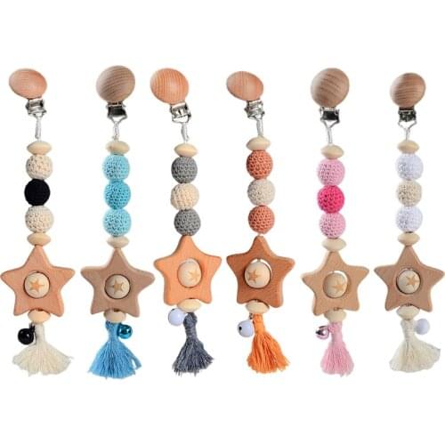 Cute Baby Teether Wood Pacifier Clips Safe Teething Chain Ball Star Tassel Pendants Eco-friendly Dummy Clip Holder for Stroller