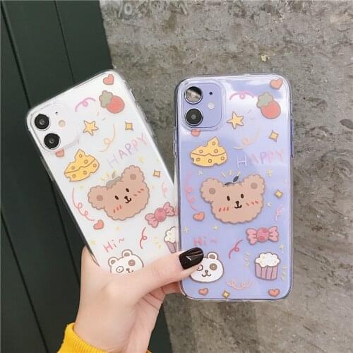 Retro kawaii cheese bear Transparent japanese Phone Case For iPhone 11 12 Pro Max Xr Xs Max 7 8 Plus 7Plus case Cute Soft Cover
