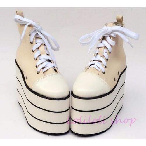 Princess sweet lolita shoes Japanese design customized special shaped Beige canvas black stripes platform shoes yd001