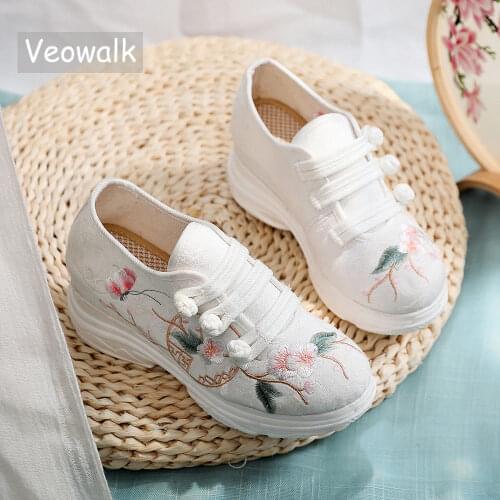 Veowalk Flower Embroidered Women Jacquard Clunky Sneakers Hidden Platform Soft Dorky Dad Shoes Chic Ladies Casual Creepers