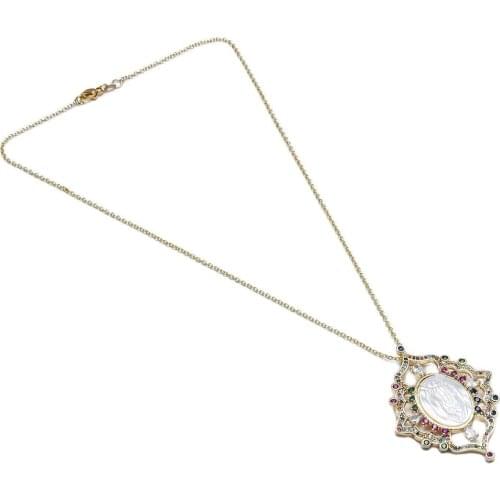 GuaiGuai Jewelry White Shell Pearl Mop Cameo Virgin Mary Rainbow CZ Micro Pave Pendant Chain Necklace For Women