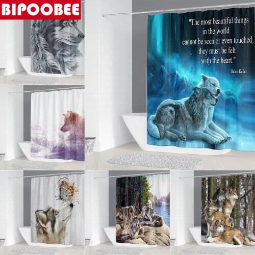 3D Handsome Wolf Printing Shower Curtain Mildew Proof Durable Fabric Bath Curtains for Bathroom Decor Bathtub Screen with Hooks