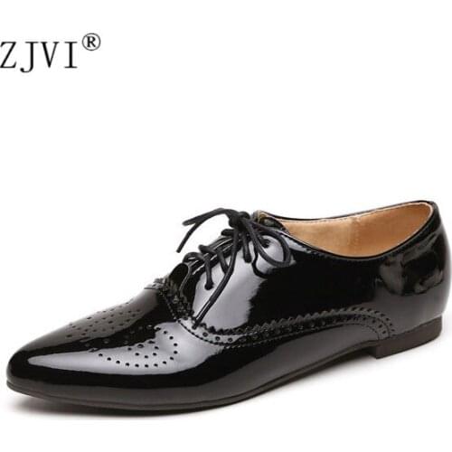 ZJVI Women Lace Up Flats Patent PU Flat Shoes Ladies Woman Pointed Toe Womens Cut Outs Work Casual Shoes 2020 Spring Summer EVA