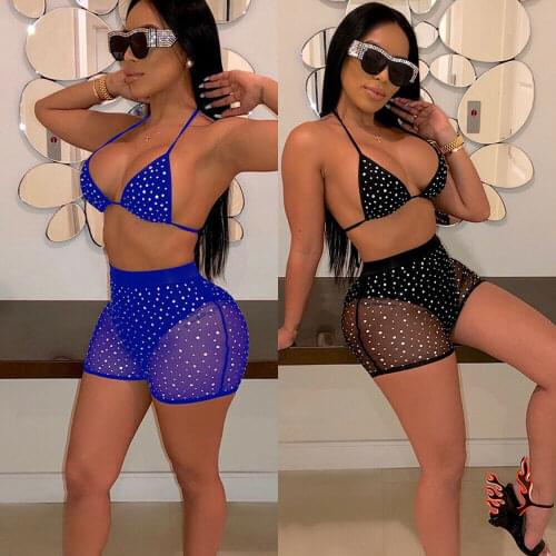 Women solid Sequins high waist sexy summer see through women bikini Women Mesh Push-up Bikini Set Bathing Swimsuit Swimwear