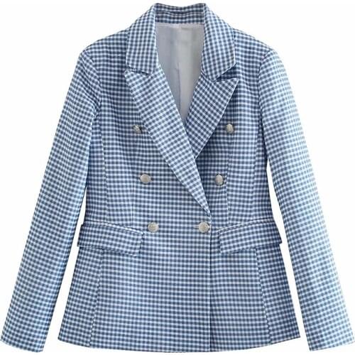 Ladies Office Blazers Suit Women New Blazer Plaid Printing Double-Breasted Long Sleeve Coat Casual Suit