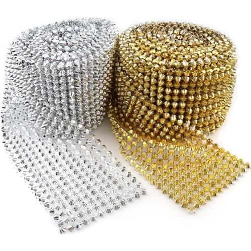 0.5 Yard 12 Rows 8mm Flatback Bullet Gold/Silver Punk Style Rivet Mesh Trim ABS Plastic Sew On For DIY Craft Jewelry Decoration