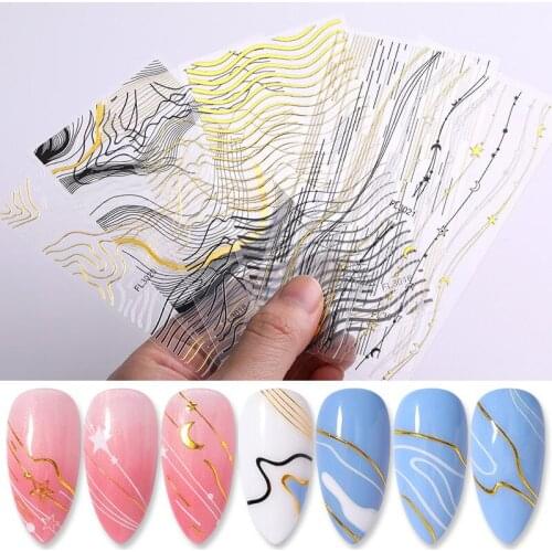 1 Sheet 3D Nail Sticker Gilded Wave Line Pattern Nail Decals Summer Popular Stamping Series Nail Art Decorations