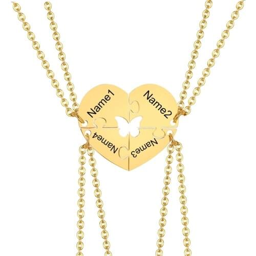 4 Pieces Puzzle Hert Necklace Pendant Cutsom Name ID Tags Friendship BFF Siser Brother Gift