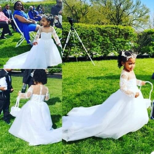 White Lace Flower Girls Dress Long Sleeve Appliques Children Birthday Party Dresses A Line Wedding Prom Formal Pageant Gowns