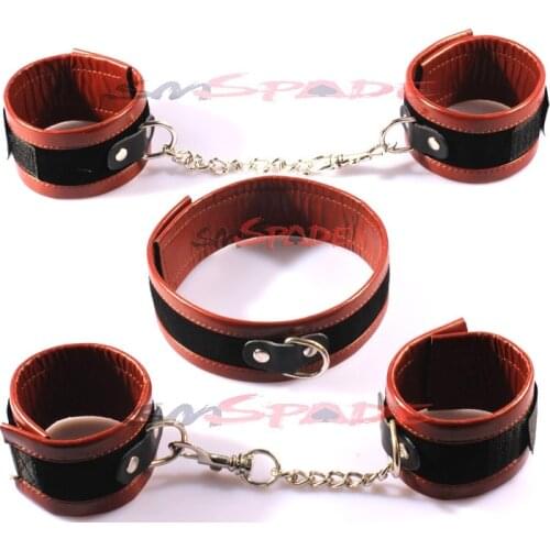 Free shipping 3pcs real leather restraint kit sex toy for couples ,leather hand cuffs ankle ,cuffs collar Adult Sex Products
