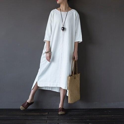 Johnature 2021 Summer New Cotton Linen Three Quarter Sleeve O-Neck Embroidery Dresses Loose Leisure 2 Color Women Fashion Dress