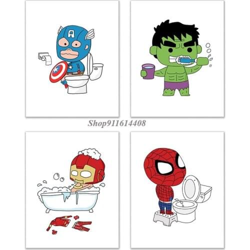 Canvas Painting Marvel Cartoon Hulk Brush Teeth Spiderman Bath Wall Art Picture Poster and Prints for Kid Living Room Home Decor