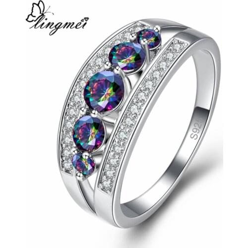 Lingmei ExcellentSilver Color Wedding Rings Multi Rainbow Purple Zircon Jewelry Silver Color Ring Size 6-9 Anniversary