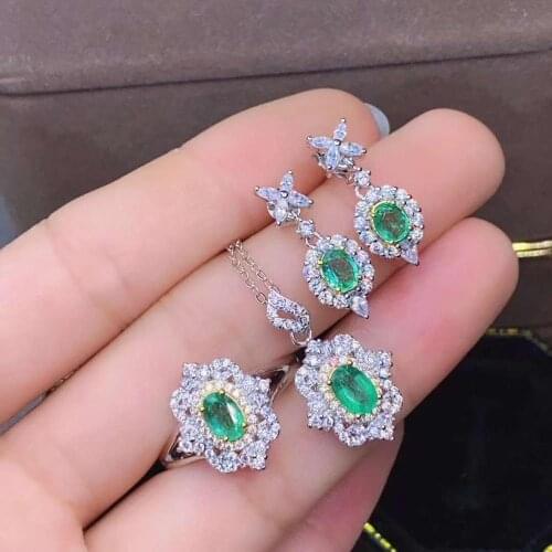 Natural Emerald Earrings Ring Pendant Necklace Set S925 Silver Fashion Fine Weddings Jewelry for Women Free Shipping MeibaPJFS