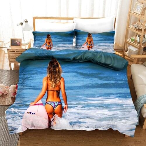 Bikini Surfing Bedding Set Hawaiian Style Fresh Duvet Cover Coconut Tree Single Twin Double Queen King Unique Design Bedclothes
