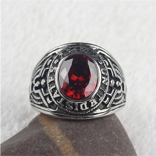 Red CZ Crystal Mens Stainless Steel United States Military Army Ring