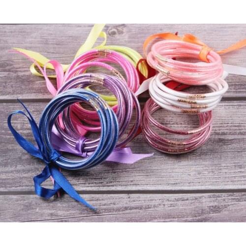 Fashion Glitter Bangles Set Glitter Filled Silicone Jelly All Weather Summer Bracelets 5pcs/set