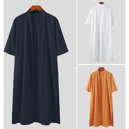 2021 Men Shirt Solid Color Open Stitch Half Sleeve Long Style Tops Cardigan Vacation Loose Streetwear Casual Outerwear INCERUN