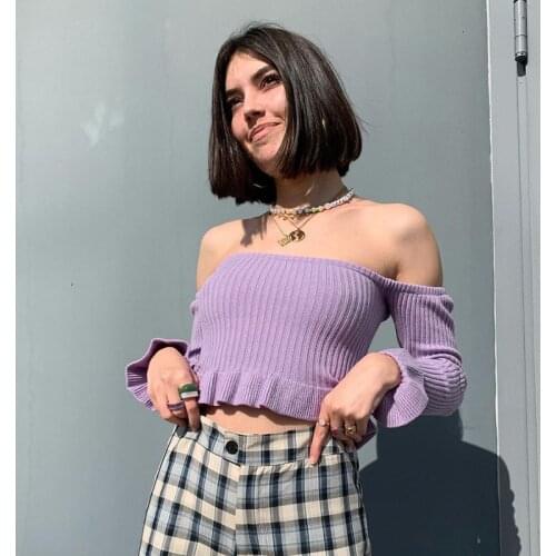 Solid One-shoulder Long Sleeved Pullover Navel Fungus Casual Women Short Top Purple Lotus Leaf Sleeve Slim Knitted Sweater