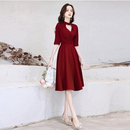 Special Occasion Dresses Vintage V-Neck Short Luxury Burgundy A-Line Zipper Pleat Knee-Length Satin Elegant Women Prom Gown E968