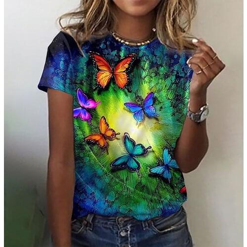 Butterfly Printed T Shirt Women Flower Printing O-Neck Summer Top Tee Casual Women Tee Shirt Workout Bohemian Style Tops Woman