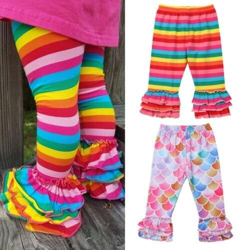 2019 Brand Toddler Kids Baby Girl Rainbow Mermaid Ruffle Bottom Pants Leggings Trousers Size 1-4Y