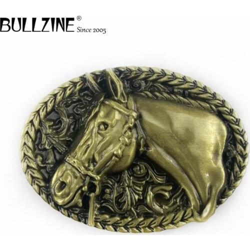 The Bullzine horse head belt buckle with antique brass finish FP-03190-1 suitable for 4cm width snap on belt