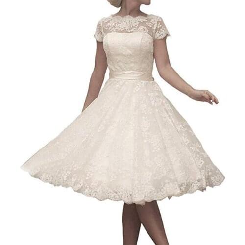 Vintage Short A-Line Lace Wedding Dresses Knee Length Appliques Lace Illusion Jewel Neck Country Summer Bridal Gown Weddin