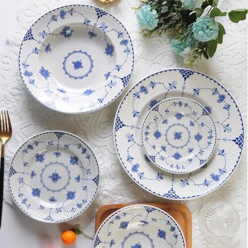 High-quality blue Tanggrass underglaze ceramic tableware Steak flat plate