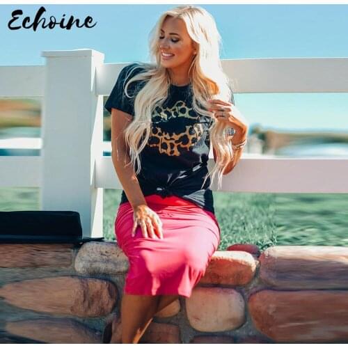 Echoine Women Fashion Leopard lips Print Short Sleeve T Shirts Top Summer Casual Solid O Neck Pullover Top Outfits New Hot Sale