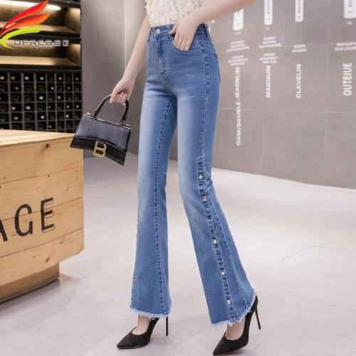 2020 Spring Summer High Waist Flare Jeans Women Bottom Side Buttons Long Denim Pants With Tassel Blue Or Sky Blue Trousers