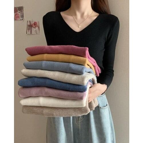 High Quality V Neck Knitted Sweater for Women Korean Fashion Trends Clothing Teenage Girls Slim Fit Pullover Tops Purple Jumpers