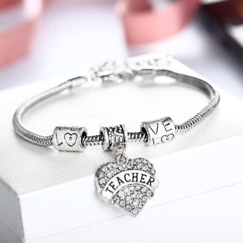 12PC Thank You Teacher Thankgiving Gifts Teacher Bracelets Love Heart Clear Crystal Charm Pendant Bangles Beads Chain Bracelets