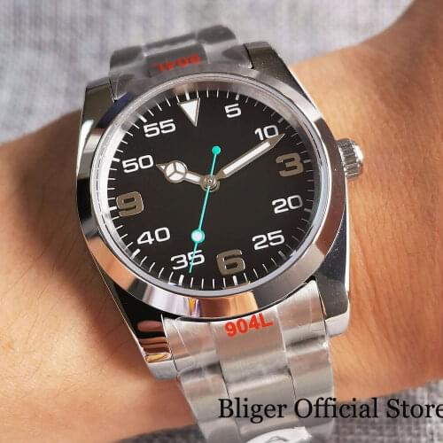 BLIGER Polish 36mm Green Second Hand Automatic Men Watch NH35A Movemen Brushed Bracelet Flat Sapphire Crystal Glidelock Clasp