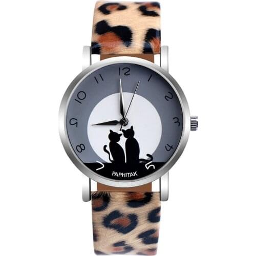 Trend Style Elegant Korean Wave Classic Womens Wrist Watch Womens Cute Cat Faux Leather Analog Quartz Watch часы женские
