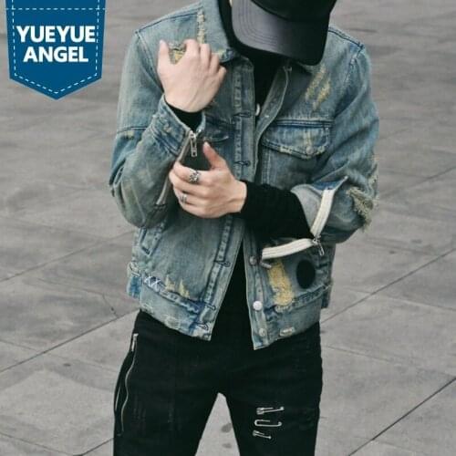 New Spring Male Denim Jacket Fashion Hole Ripped Printing Outerwear Men Streetwear Loose Fit Single Breasted Jean Coat S-XL