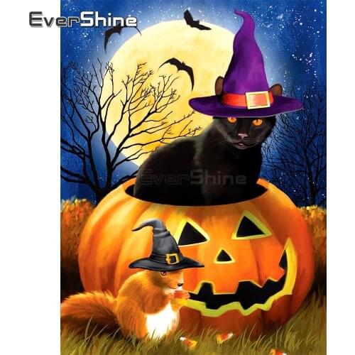 EverShine Diamond Painting Halloween Picture Rhinestones Full Square Diamond Embroidery Full Display Cartoon Cat Cross Stitch