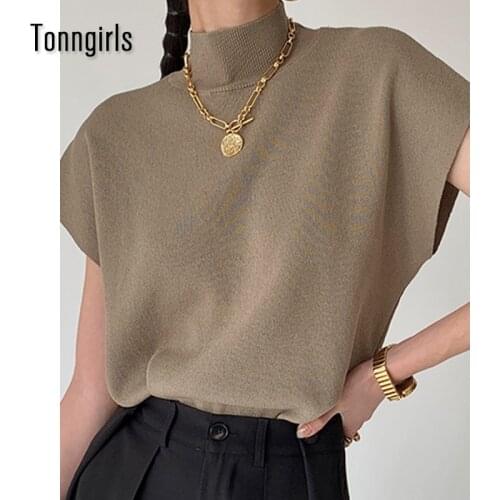 Tonngirls Office Ladies Knitted Tshirt Women Short Seeve Turtleneck T Shirt Women Korean Style Solid Elegant Ladies Tops Summer