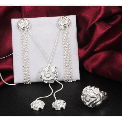 925 sterling Silver fine beautiful rose flower necklace earrings rings for women Jewelry set fashion Party wedding Holiday gifts