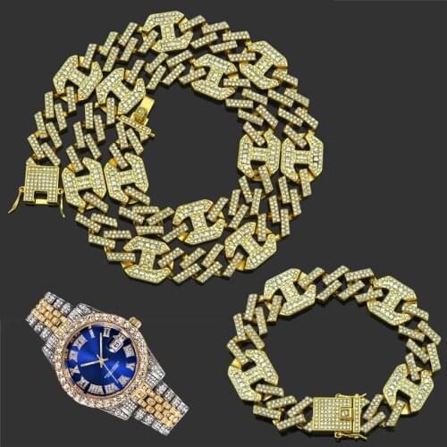 3pcs Kit Hip Hop 17MM AAA+ Iced Out Alloy Rhinestones Coffee Bean Prong Cuban Necklace+Watch+Bracelet For Men Women Jewelry
