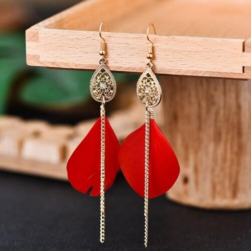 Korean Red Feather Earrings For Women Summer Golden Metal Long Chain Tassel Wedding Earrings Fashion Tibetan Waterdrop Jewelry