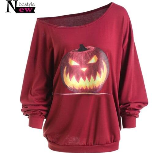 Fashion Christmas Ugly Women T-shirts Skeleton Sexy Off Shoulder T Shirt Women Halloween Pumpkin Devil Pullovers Tops Plus Size