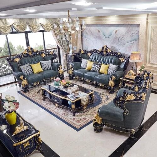 European Style Sofa Hotel Lobby 123 Leather Sofa Solid Wood Carving Living Room Furniture Top Layer Cowhide Modern Living Room