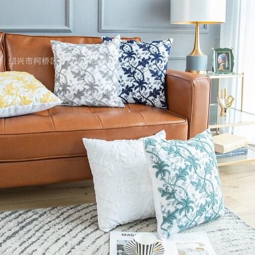 Leaf Embroidered Cushion Cover Home Decor Linen Cotton Beige Yellow Gray Dark Blue 3D Floral Pillow Case 45x45cm Throw Pillows