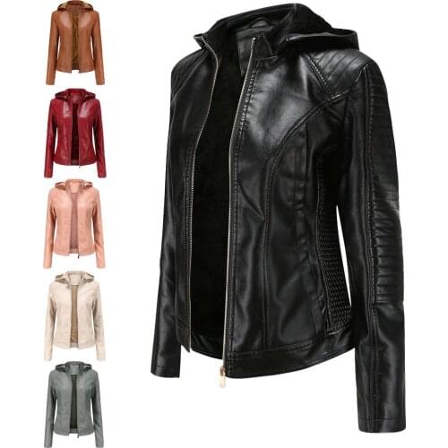 New Large Womens Leather Clothes Womens Hooded Autumn and Winter Short Coat Warm Casual Womens Jacket