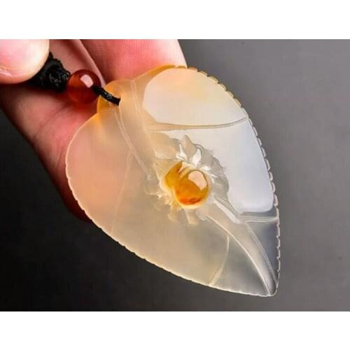 Charming jadeite pendants natural ice agate chalcedony hand carved leaves cicada Pendants Necklace + lucky charm