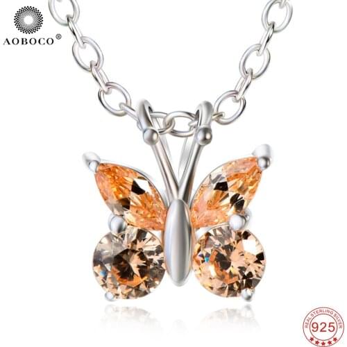 AOBOCO 925 Sterling Silver Necklace Classic AAA Cubic Zirconia Butterfly Pendants Necklaces Fine Jewelry For Women Gift GNX8731